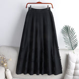 Women Winter Elastic High Waist Pleated Midi Skirt Frayed A Line Elegant Solid Knitted Skirts