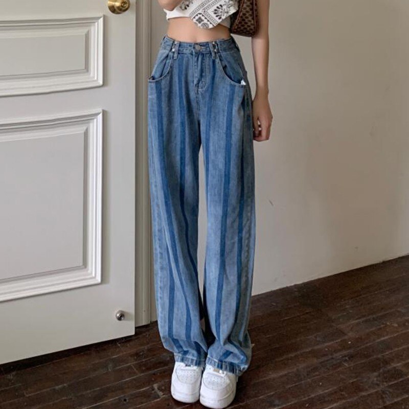Women High Waist Casual Jeans Korean Style Vintage Striped Loose Wide Leg Denim Pants