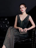 V Neck Sleeveless Mermaid Party Dress Sequins Backless Women Prom Gowns Floor Length Long Evening Robes