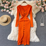 V Neck Long Sleeve Knitted Sweater Dress Winter Front Button Elegant Sexy Bodycon Midi Dress