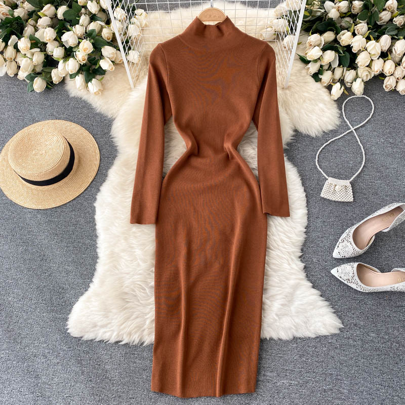 Woman Casual Solid Turtleneck Sweater Dress Bodycon Long Sleeve Midi Elegant Autumn Winter Dress