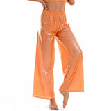 Summer Shiny Women Wide Leg Pants Elastic Waist Loose Casual Metallic Trousers Femme Long Straight Pants Streetwear