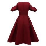 Elegant Burgundy Cold Shoulder Formal Party Midi Night Out Women Ruffle Cover Up Shoulder Pleated Dress