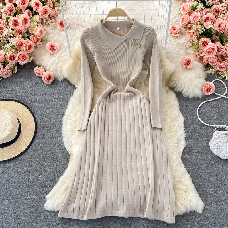 Fall Winter Midi Dresses For Women Elegant Turn-Down Collar Long Sleeve Knitted Dress Button A Line Casual Dress
