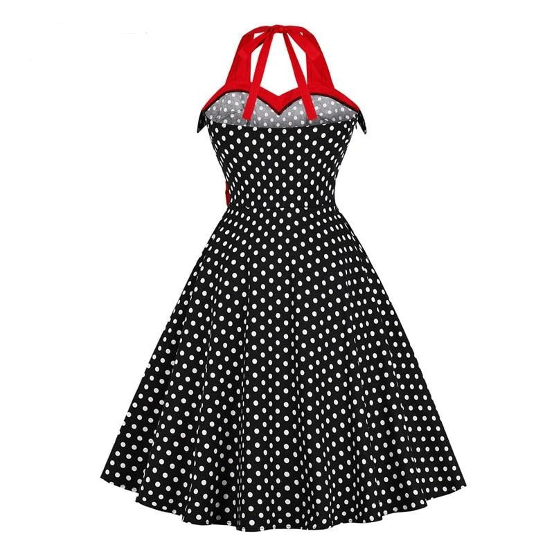 Color Block Vintage Robe 50s Style Polka Dot Fit and Flare Bow Backless Elegant Party Halter Dress