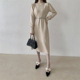 Autumn Winter Elegant Warm Knitted Dress With Belt Mock Neck Long Sleeve A Line Casual Midi Dress