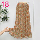 Summer New Vintage Floral Print Chiffon Pleated Skirt Elastic High Waist Casual Midi Skirt