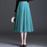 Women Long Elegant High Waist A Line Pleated Skirt Korean Style Vintage Streetwear Ladies Tulle Midi Skirt