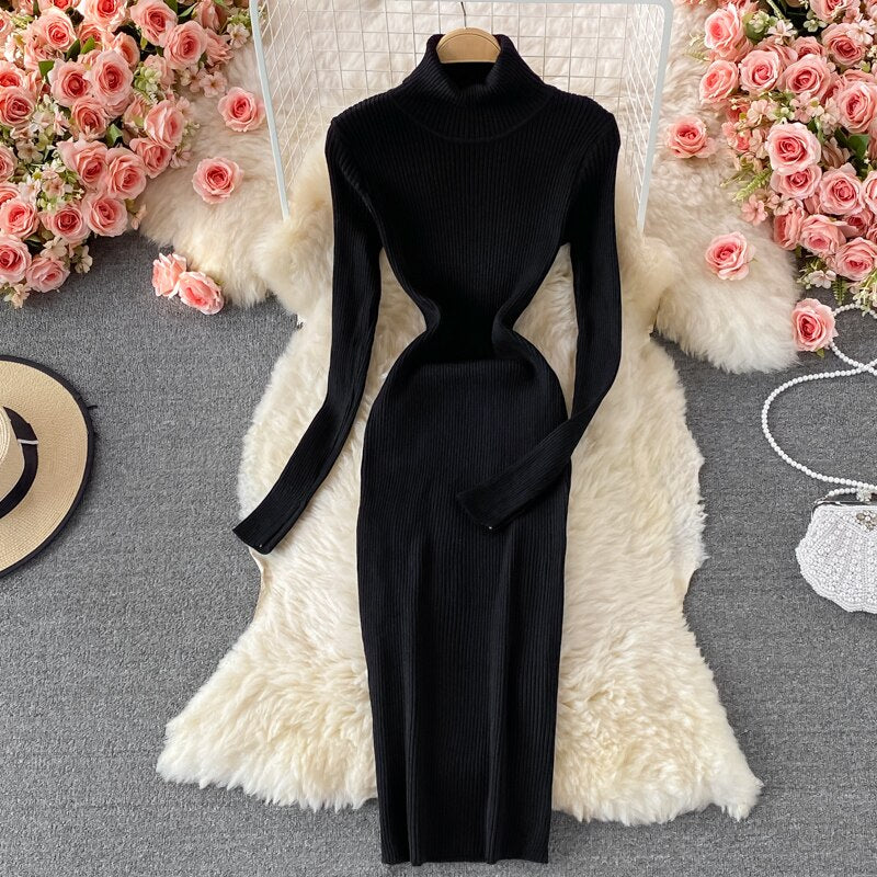 Autumn Winter Midi Dresses For Women Turtleneck Long Sleeve Solid Elegant Ribbed Knitted Dress Sexy Bodycon Dress