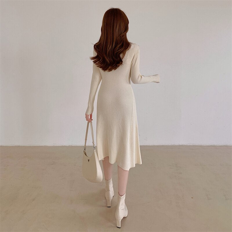 High Neck Long Sleeve Casual Midi Sweater Dress Fall Winter Elegant Button Ribbed Knitted Dress