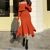 Knitted Winter Dresses For Women Clothes Long Sleeve Elegant Midi Sweater Dress Off Shoulder Sexy Bodycon Dress