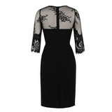 Black Workwear Contrast Lace Office Lady Bodycon Pencil Autumn 3/4 Length Sleeve Slim Fitted Sheath Dress