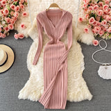 Winter Lapel Collared V Neck Ribbed Knitted Midi Dress Elegant Long Sleeve Side Slit Sexy Bodycon Dress