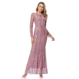 New Evening Pink Dress O Neck Full Sleeve Mermaid Sequins Tulle Floor Length Party Formal Dress