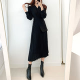 Elegant Office Lady Side Belted Overlay Pleated Dress Crossover V Neck Long Sleeve Midi Dress