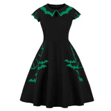 Green Bat Embroidery Halloween Party Vintage Black Women Cap Sleeve Keyhole Front Cotton Retro A Line Dress
