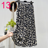 Summer New Vintage Floral Print Chiffon Pleated Skirt Elastic High Waist Casual Midi Skirt