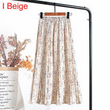 Women Chiffon Pleated Skirt Elastic High Waist Summer Print Casual Midi Long Skirt