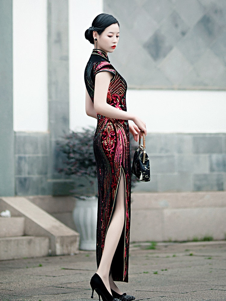 New Fashion Sequins Cheongsam Embroidered High-slit Formal Evening Dress For Women Short-Sleeve Long Cheongsam