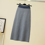 Elegant Office Lady Houndstooth Contrast Color Elastic High Waist Knit Pencil Midi Skirt