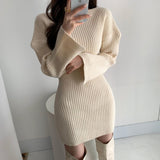 Fall Winter Elegant Warm Ribbed Knitted Bodycon Dress Round Neck Long Sleeve Solid Sexy Mini Dress