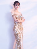 Short-sleeve O-neck Backless Floor-length Evening Dress Sequins Tulle Formal Women Gold Long Gowns Elegant Robe De Soriee