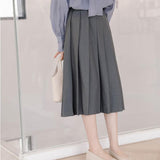 Women High Waist Pleated Skirts Spring Korean Style Solid Color All-match Ladies Elegant A-line Long Skirt