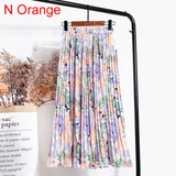 Women Chiffon Pleated Skirt Elastic High Waist Summer Print Casual Midi Long Skirt