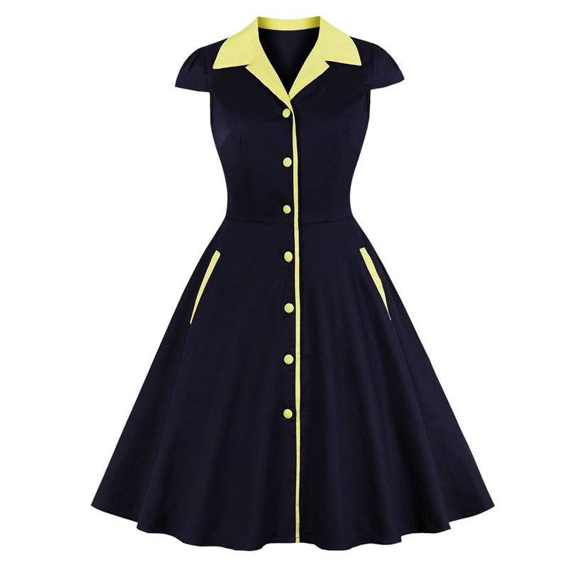 Contrast Collar Button Up Rockabilly Vintage Cotton 50S 60S Retro Women Cap Sleeve Summer Pockets Elegant Dress