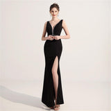 Black Evening Dress For Women V-neck Sleeveless Formal Party Gown High Split Sexy Wrap Hip Long Dress