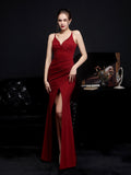 Sexy Backless Party Dress Sleeveless V Neck Prom Gowns Women Spaghetti Strap Split Cocktail Robes Taffeta Long Vestieos