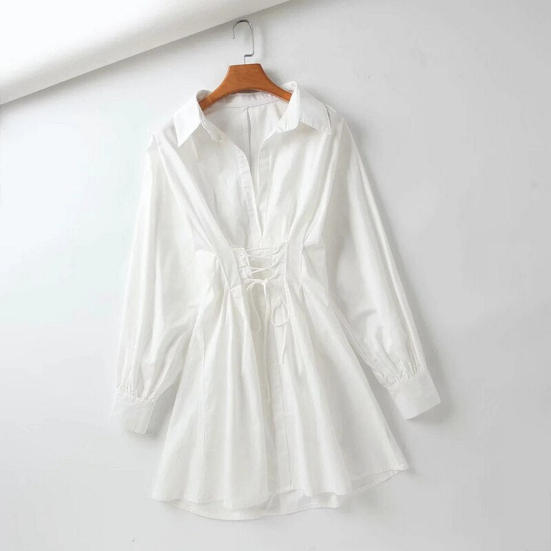Lace Up Office OL White Dresses Womens Turn-Down Collar Empire Solid Short Clothing Cotton Korean Shirt Dress Summer Autumn