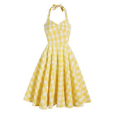 Vacation Women Summer Dress Sexy Backless Party Halter Neck Yellow Plaid 50s Vintage High Waist Ladies Swing Dresses