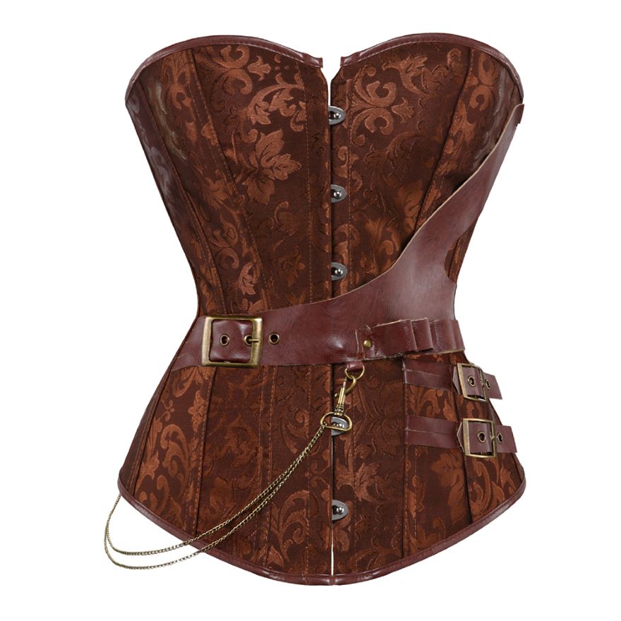 Steampunk Faux Leather Burlesque Chains Corset Gothic Sexy Jacquard Corset Bustier Lingerie Top Vintage Pirate Costume Brown
