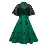 2021 Chiffon Cape Bat Print Elegant Summer Midi Dress High Waist Vintage Style 50s 60s Women Halloween Party Swing Dresses