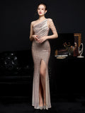 Elegant One Shoulder Slit Gold Sequin Evening Dress