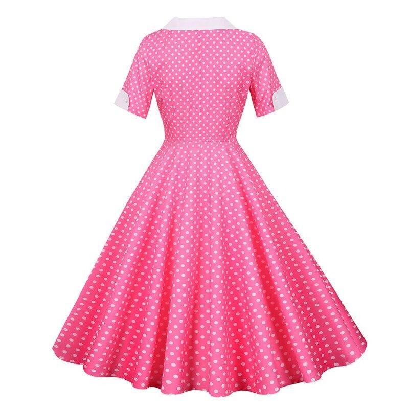 Button Front Polka Dot Vintage High Waist Elegant V Neck Short Sleeve Casual Retro Swing Dress