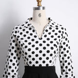 White and Black Two Tone Polka Dot Elegant Vintage Midi Dress for Women Three Quarter Sleeve Winter Office Ladies Clothes