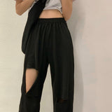 Women Casual Sweatpants Korean Style Solid Color Hole Elastic High Waist Loose Straight Pants