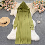 Autumn Winter Warm Hooded Long Sleeve Loose Casual Sweater Dress Ribbed Knitted Elegant Midi Dress