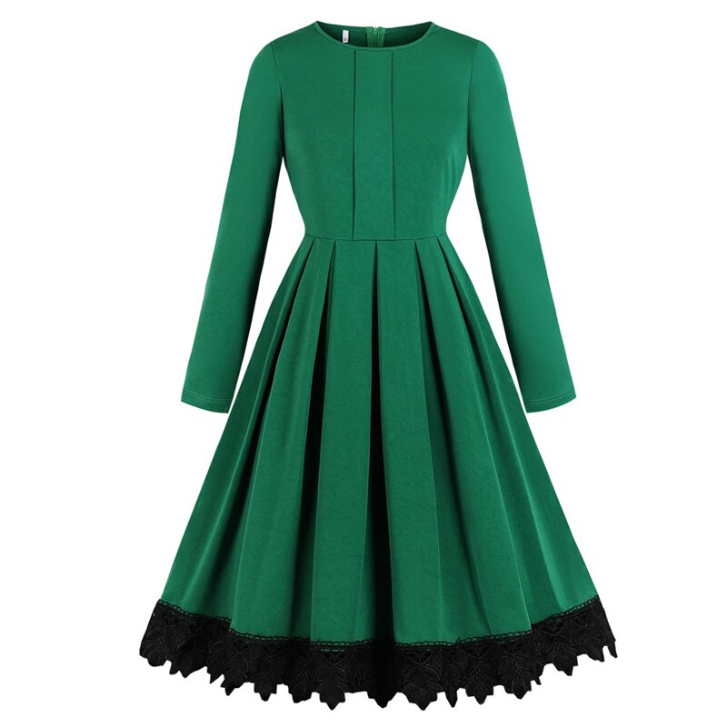 Green Contrast Guipure Lace Hem Solid Pleated Midi Long Sleeve Autumn Winter High Waist Vintage Dress