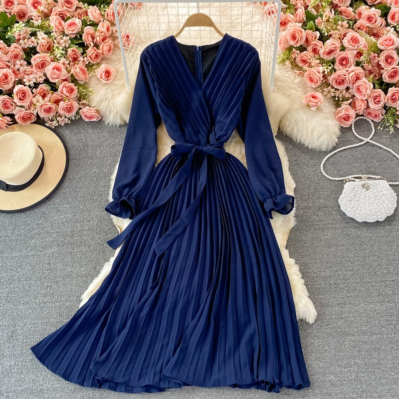 Party Elegant Vintage Midi Dress With Belt Autumn V Neck Long Sleeve Chic Office Pleated Dress