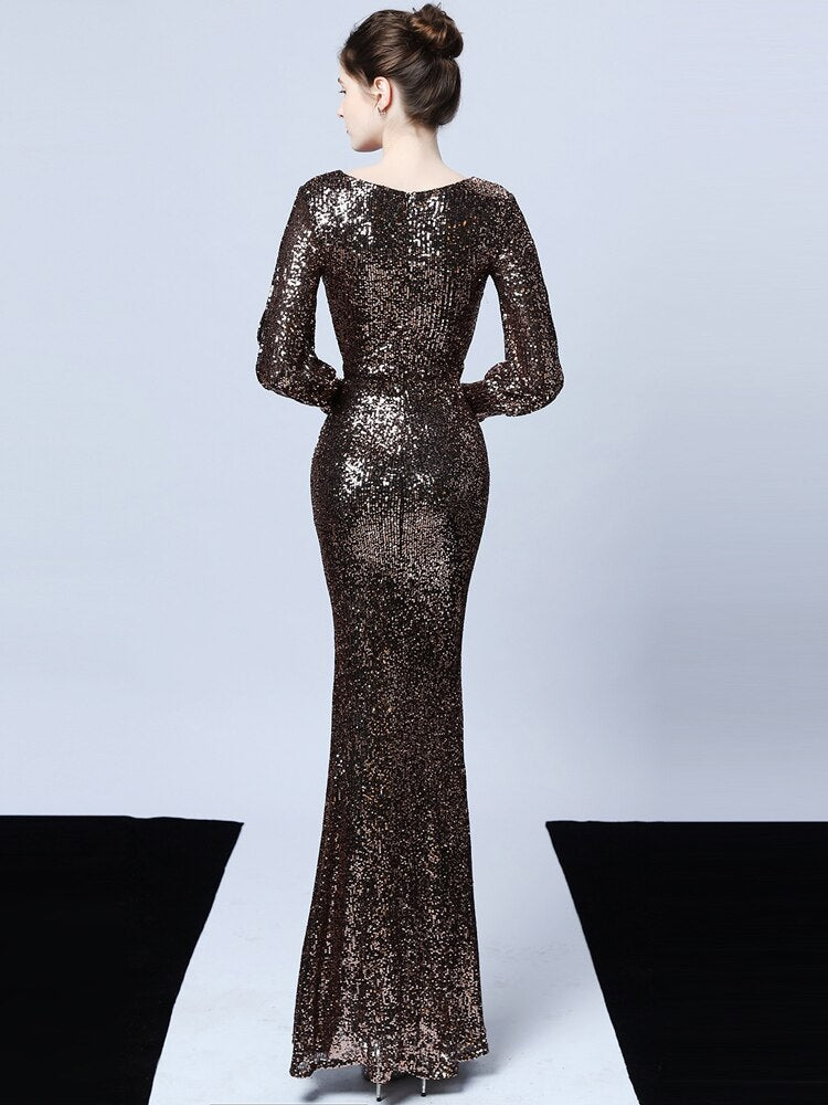 black gold long sleeve dress Elegant V Neck Party Maxi Dress Black Gold Sequin Evening Dress Women – jetechband