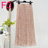 Summer New Vintage Floral Print Chiffon Pleated Skirt Elastic High Waist Casual Midi Skirt