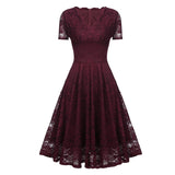 V Neck Elegant Burgundy A Line Lace Midi Swing Dress Office OL Women Summer High Waist Vintage Style Party Sundress Clothes