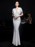 Women White Sequin Dress V Neck Beaded Party Dress Elegant Prom Dress