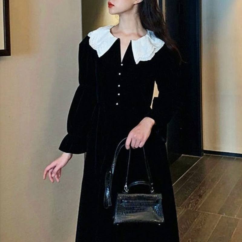 Winter Party One Piece Dress Korean Fashion Black Velvet Dress Women L jetechband Winter Party One Piece Dress Korean Fashion Black Velvet Dress Women L jetechband
