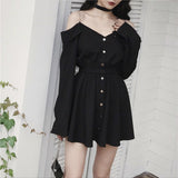 Harajuku Gothic Shirt Dresses Black Button Font V Collar Off Shoulder Women Sling Streetwear Long Sleeve A Line Black Punk Dress