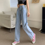 Women High Waist Casual Jeans Korean Style Solid Color All-match Ladies Straight Denim Pants