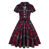 Autumn Swing Cotton Blue Red Plaid Rockabilly Dress 50s 60s Short Sleeve Office OL Women Summer Retro Vintage Dress with Belt